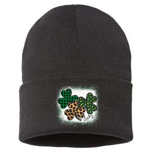 Lucky Bleached Leopard Shamrocks Irish Women Girl Sustainable Knit Beanie