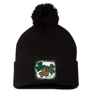 Lucky Bleached Leopard Shamrocks Irish Women Girl Pom Pom 12in Knit Beanie