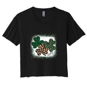 Lucky Bleached Leopard Shamrocks Irish Women Girl Women's Crop Top Tee