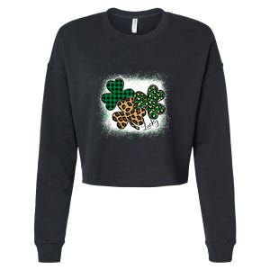 Lucky Bleached Leopard Shamrocks Irish Women Girl Cropped Pullover Crew