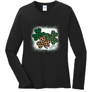 Lucky Bleached Leopard Shamrocks Irish Women Girl Ladies Long Sleeve Shirt