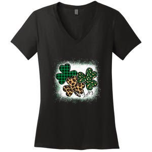 Lucky Bleached Leopard Shamrocks Irish Women Girl Women's V-Neck T-Shirt