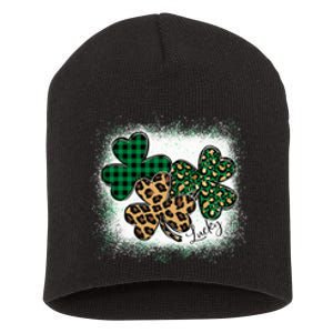 Lucky Bleached Leopard Shamrocks Irish Women Girl Short Acrylic Beanie