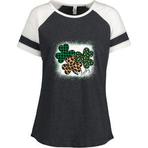 Lucky Bleached Leopard Shamrocks Irish Women Girl Enza Ladies Jersey Colorblock Tee