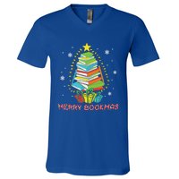 Librarian Book Lover Books Christmas Tree Merry Bookmas Xmas Gift V-Neck T-Shirt