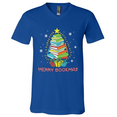 Librarian Book Lover Books Christmas Tree Merry Bookmas Xmas Gift V-Neck T-Shirt