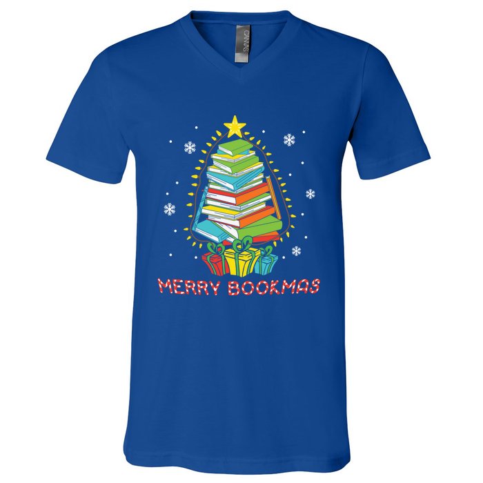 Librarian Book Lover Books Christmas Tree Merry Bookmas Xmas Gift V-Neck T-Shirt