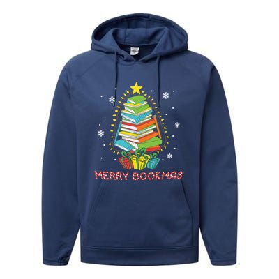 Librarian Book Lover Books Christmas Tree Merry Bookmas Xmas Gift Performance Fleece Hoodie