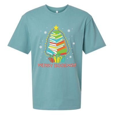 Librarian Book Lover Books Christmas Tree Merry Bookmas Xmas Gift Sueded Cloud Jersey T-Shirt