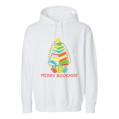 Librarian Book Lover Books Christmas Tree Merry Bookmas Xmas Gift Garment-Dyed Fleece Hoodie