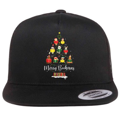 Librarian Book Lover Books Christmas Tree Merry Bookmas Xmas Flat Bill Trucker Hat