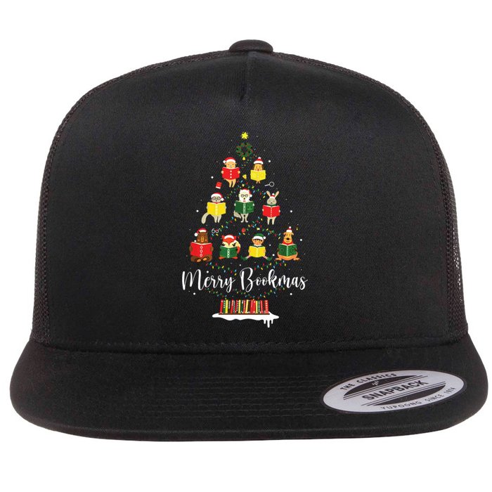 Librarian Book Lover Books Christmas Tree Merry Bookmas Xmas Flat Bill Trucker Hat