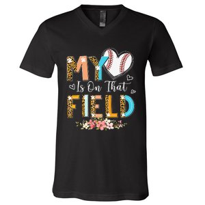 Leopard Baseball Mom My Heart Is On That Field Mother's Day V-Neck T-Shirt