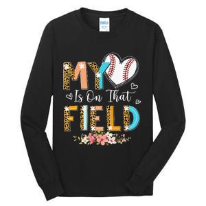 Leopard Baseball Mom My Heart Is On That Field Mother's Day Tall Long Sleeve T-Shirt