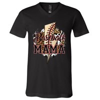 Leopard Baseball Mama Lightning Bolt Sport Mom Mother's Day V-Neck T-Shirt