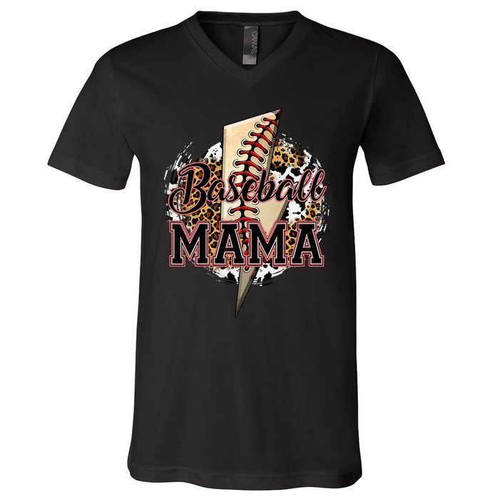 Leopard Baseball Mama Lightning Bolt Sport Mom Mother's Day V-Neck T-Shirt