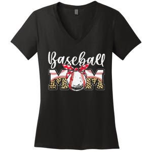 Leopard Baseball Mom Baseball Mom Mothers Day Mama Women's V-Neck T-Shirt