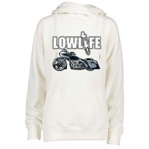 Lowlife Bagger Motorcycle . Chicano Vicla Lowrider Bikes Womens Funnel Neck Pullover Hood