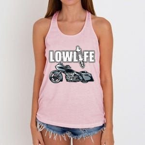 Lowlife Bagger Motorcycle . Chicano Vicla Lowrider Bikes Women's Knotted Racerback Tank