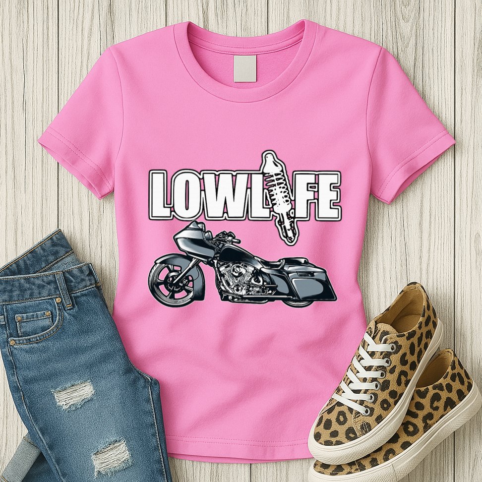 Lowlife Bagger Motorcycle . Chicano Vicla Lowrider Bikes Womens T-Shirt