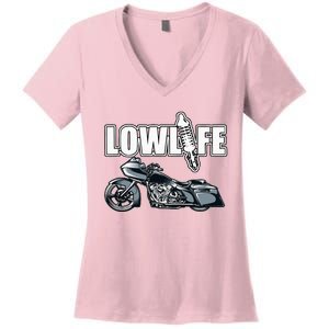 Lowlife Bagger Motorcycle . Chicano Vicla Lowrider Bikes Women's V-Neck T-Shirt