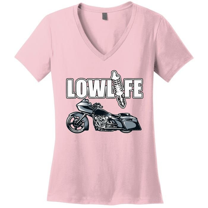 Lowlife Bagger Motorcycle . Chicano Vicla Lowrider Bikes Women's V-Neck T-Shirt