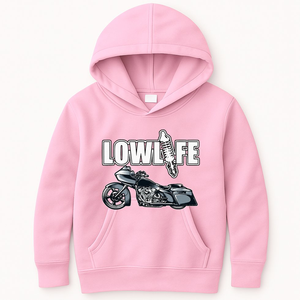 Lowlife Bagger Motorcycle . Chicano Vicla Lowrider Bikes Kids Hoodie