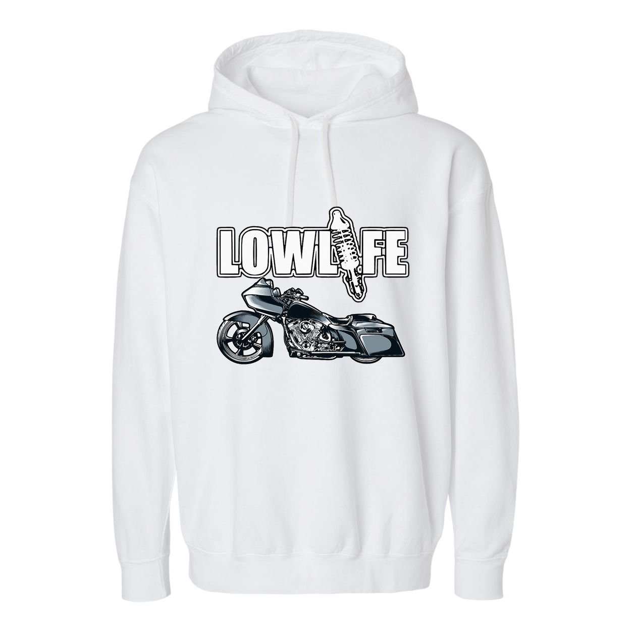 Lowlife Bagger Motorcycle . Chicano Vicla Lowrider Bikes Garment-Dyed Fleece Hoodie