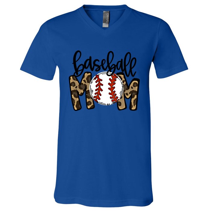 Leopard Baseball Mom Game Day Baseball Season Mothers Day Great Gift V-Neck T-Shirt