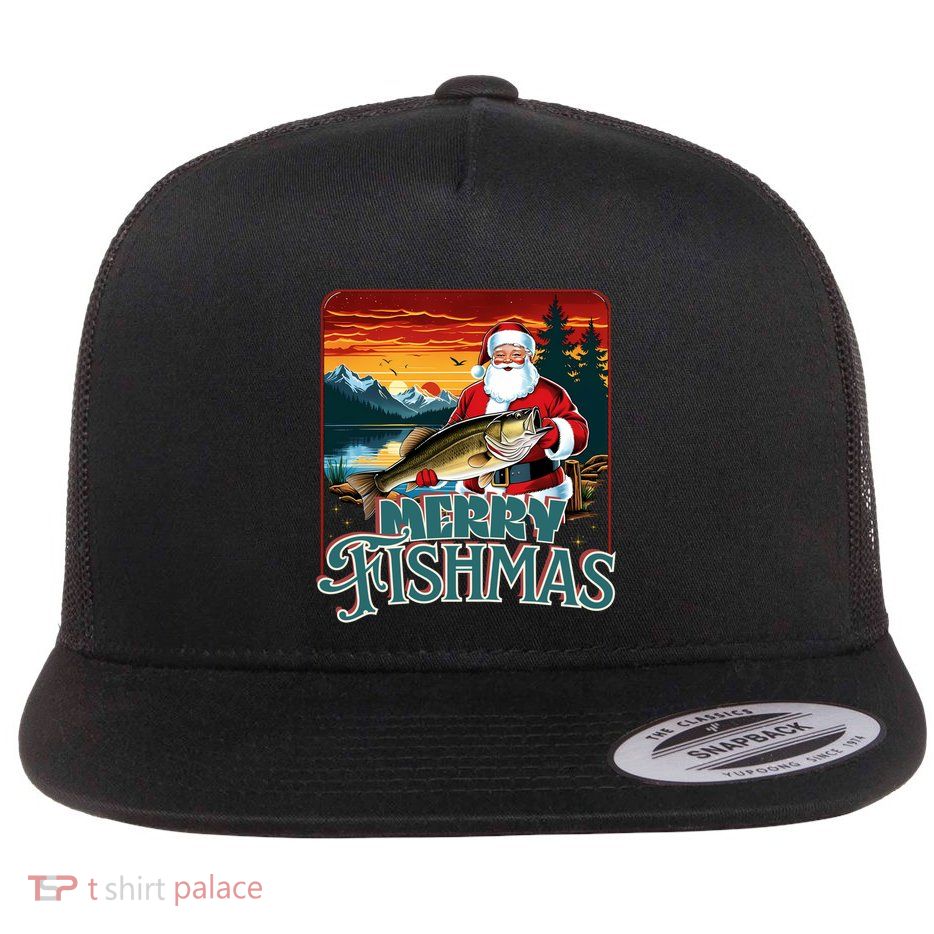 Largemouth Bass Merry Fishmas Retro Red Santa Claus Fishing Cute Gift Flat Bill Trucker Hat