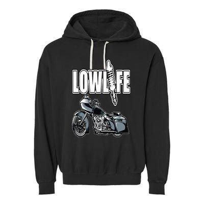 Lowlife Bagger Motorcycle . Chicano Vicla Lowrider Bikes Garment-Dyed Fleece Hoodie