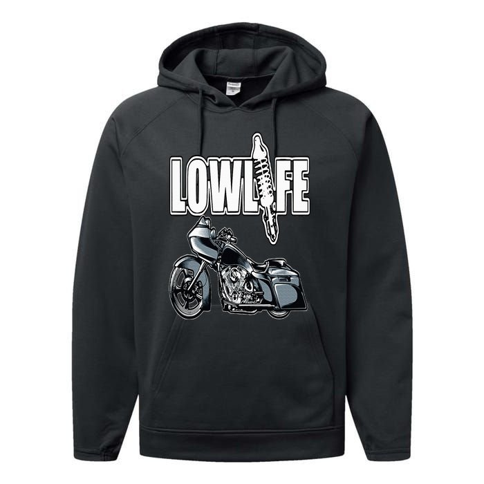 Lowlife Bagger Motorcycle . Chicano Vicla Lowrider Bikes Performance Fleece Hoodie