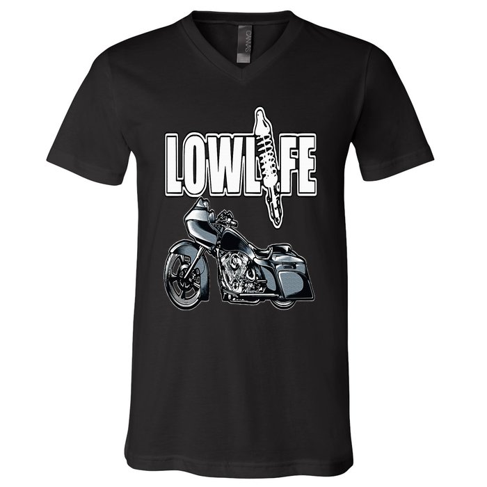 Lowlife Bagger Motorcycle . Chicano Vicla Lowrider Bikes V-Neck T-Shirt