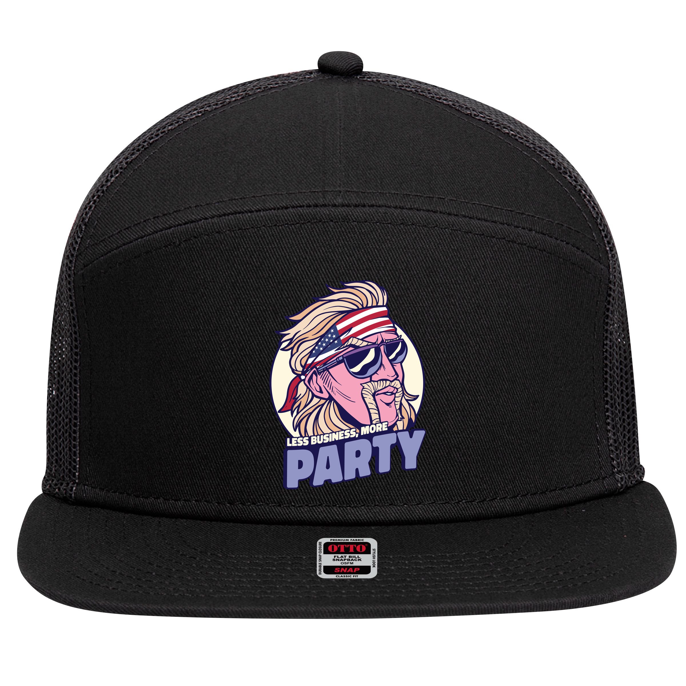 Less Business More Party 4th Of July USA 7 Panel Mesh Trucker Snapback Hat