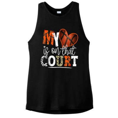 Leopard Basketball Mom My Heart Is On That Court Basketball Ladies PosiCharge Tri-Blend Wicking Tank