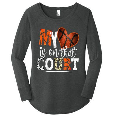 Leopard Basketball Mom My Heart Is On That Court Basketball Women's Perfect Tri Tunic Long Sleeve Shirt