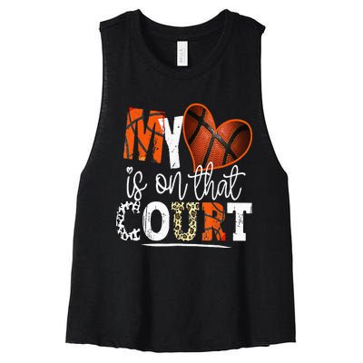 Leopard Basketball Mom My Heart Is On That Court Basketball Women's Racerback Cropped Tank