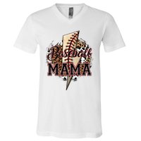 Leopard Baseball Mama Lightning Bolt Sport Mom Mother's Day V-Neck T-Shirt