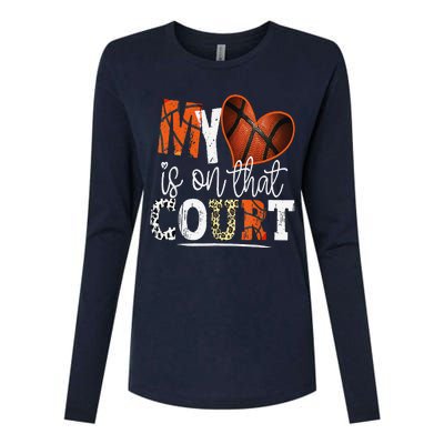 Leopard Basketball Mom My Heart Is On That Court Basketball Womens Cotton Relaxed Long Sleeve T-Shirt