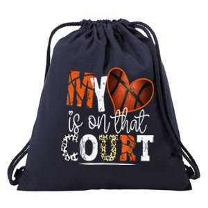 Leopard Basketball Mom My Heart Is On That Court Basketball Drawstring Bag