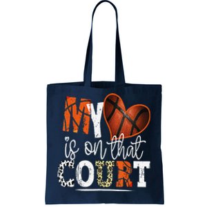 Leopard Basketball Mom My Heart Is On That Court Basketball Tote Bag