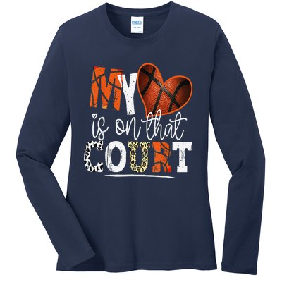 Leopard Basketball Mom My Heart Is On That Court Basketball Ladies Long Sleeve Shirt