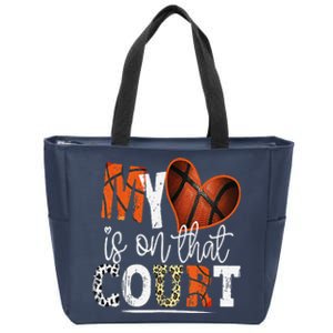 Leopard Basketball Mom My Heart Is On That Court Basketball Zip Tote Bag