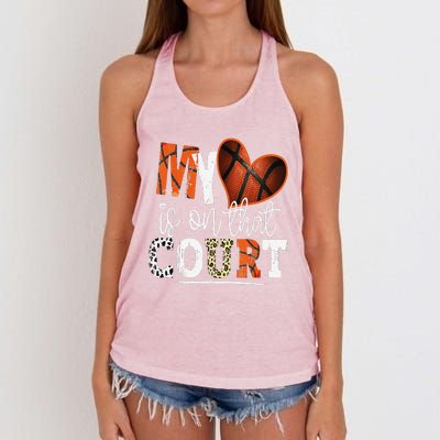 Leopard Basketball Mom My Heart Is On That Court Basketball Women's Knotted Racerback Tank