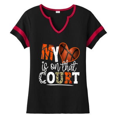 Leopard Basketball Mom My Heart Is On That Court Basketball Ladies Halftime Notch Neck Tee