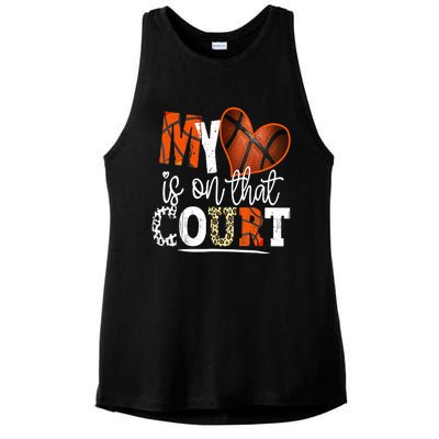 Leopard Basketball Mom My Heart Is On That Court Basketball Ladies PosiCharge Tri-Blend Wicking Tank