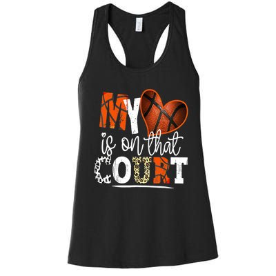 Leopard Basketball Mom My Heart Is On That Court Basketball Women's Racerback Tank