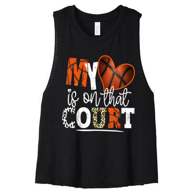 Leopard Basketball Mom My Heart Is On That Court Basketball Women's Racerback Cropped Tank