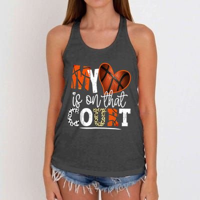 Leopard Basketball Mom My Heart Is On That Court Basketball Women's Knotted Racerback Tank