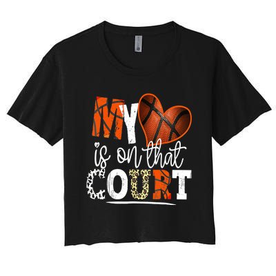 Leopard Basketball Mom My Heart Is On That Court Basketball Women's Crop Top Tee